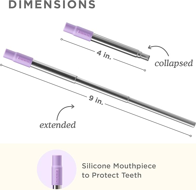 ZOKU Reusable Metal Straw with Case for Travel, Purple - Collapsible Stainless Steel Drinking Straw with Silicone Tip and Cleaner Brush, Ideal for Key Chains, Pockets, Purses