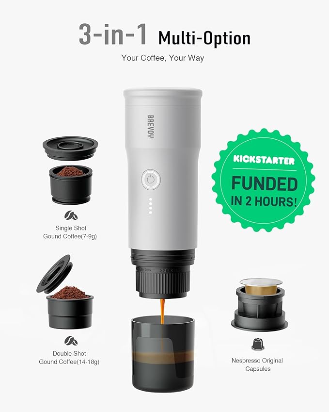 Portable Electric Espresso Machine, Ground Coffee & Capsule, Self-Heating, 20 Bar 12V Mini Car Travel Coffee Maker with 9000mAh Battery-Ideal for Camping, RV, Hiking, Office