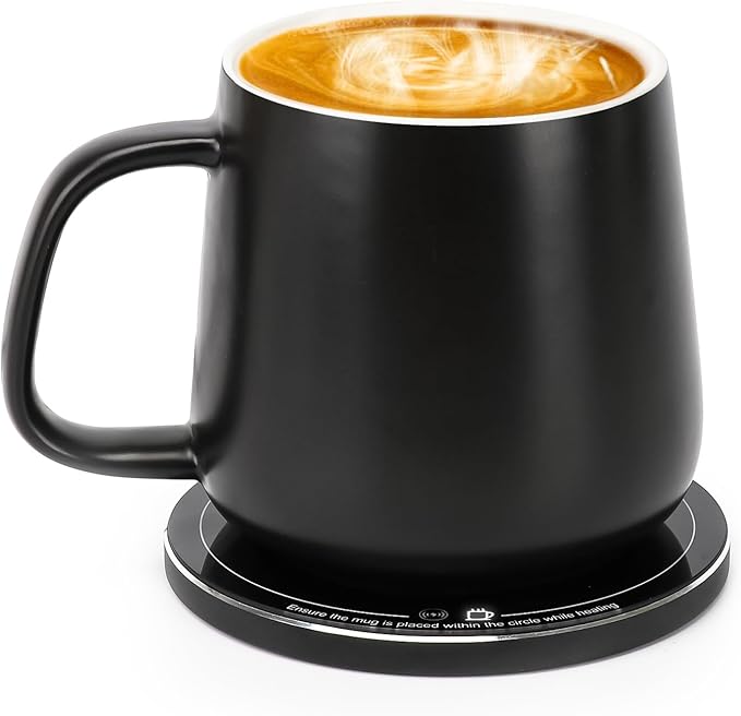 APEKX Self-Heating Ceramic Coffee Mug - Stable 130°F Temperature, 15W Wireless Phone Charging, 12.8 fl oz Capacity - USB-C Enabled. (Black)