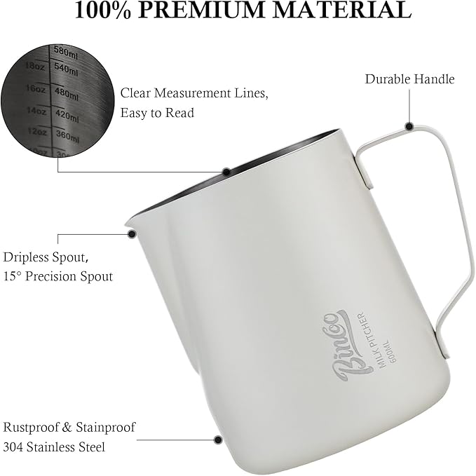 Milk Frothing Pitcher - 350ml Milk Frother Cup for Latte Art, SUS 304 Stainless Steel, Barista-Grade Coffee Milk Jug with Measurement Markings & Precision Spout