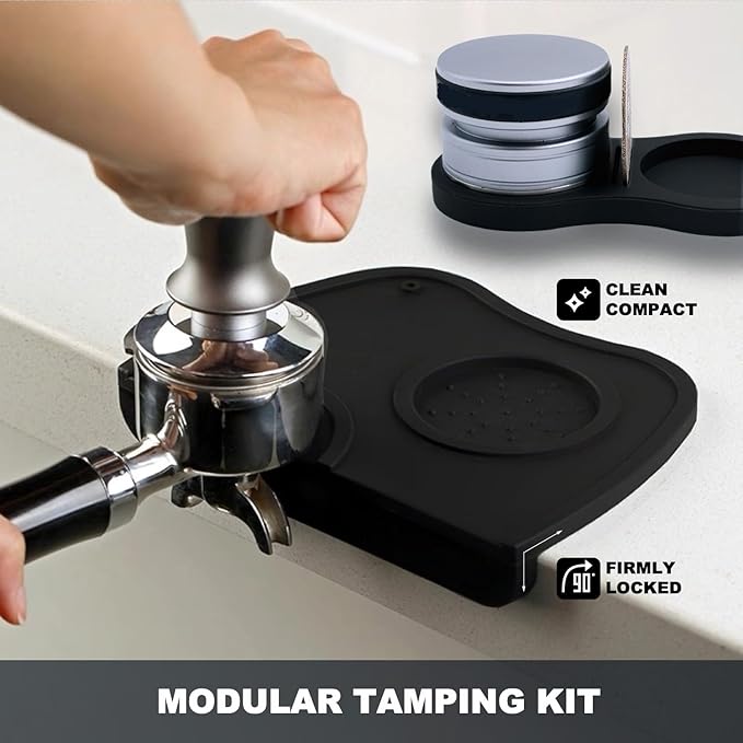 2-Piece Coffee Tamping Set with Silicone Tamper Mat & Tamper Holder | Storage Distributor/Tamper/Puck Screen | Essential Barista Espresso Accessories for Coffee Bar