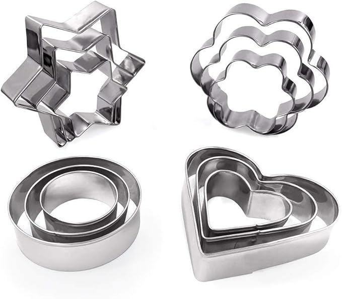 MCIGICM Cookie Cutters Shapes Baking Set, 12PCS Flower Round Heart Star Shape Biscuit Stainless Steel Metal Molds Cutters for Kitchen Baking Halloween Christmas