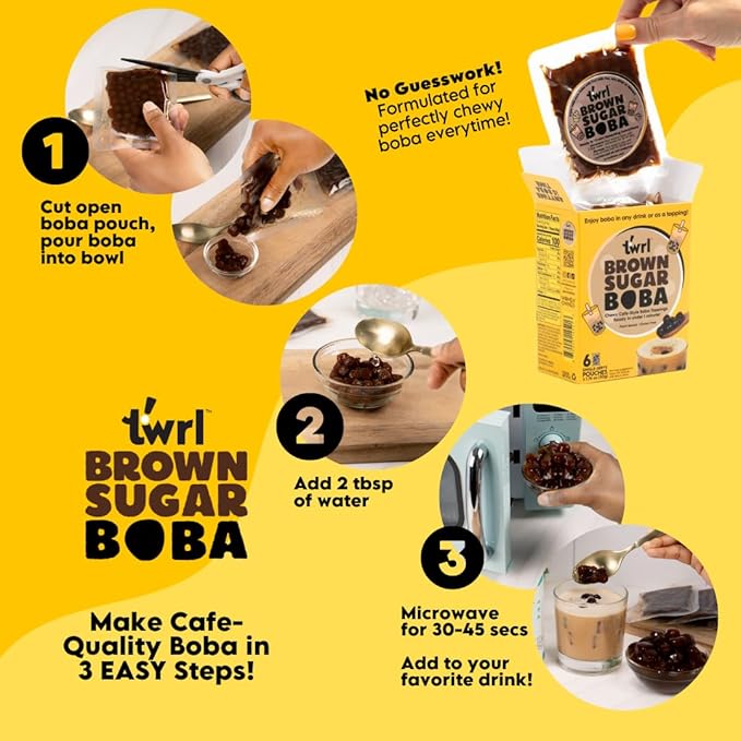 Twrl Brown Sugar Boba Bubble Tea Toppings - Taiwanese Boba Pearls, Cafe-Style Tapioca Milk Tea Topping, Instant - Perfect for Milk Tea and Coffee, Gluten-Free, Plant-Based - Pack of 6 Single Servings