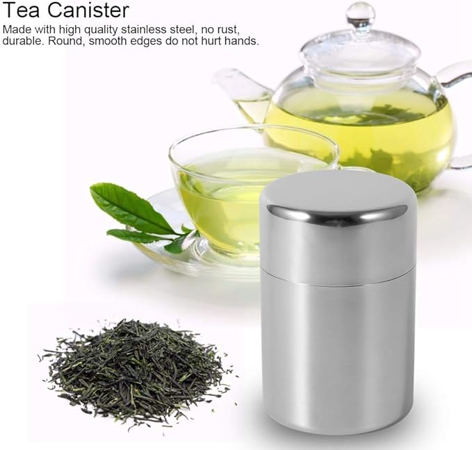 AUNMAS Tea Tin Canister, Stainless Steel Tea Coffee Sugar Storage Container with Airtight Double Lids for Loose Tea and Tea Bags, Kitchen Cup for Coffee Sugar Seasoning Storage (450ml)