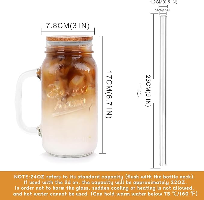 ANOTION Mason Jars Tumbler with Handle - Glass Cups with Lids and Straws Drinking Glasses Coffee Mug Glasses Drinking Set Iced Coffee Cup Smoothie Cup Tea Cup Travel Coffee Mug Water Cup