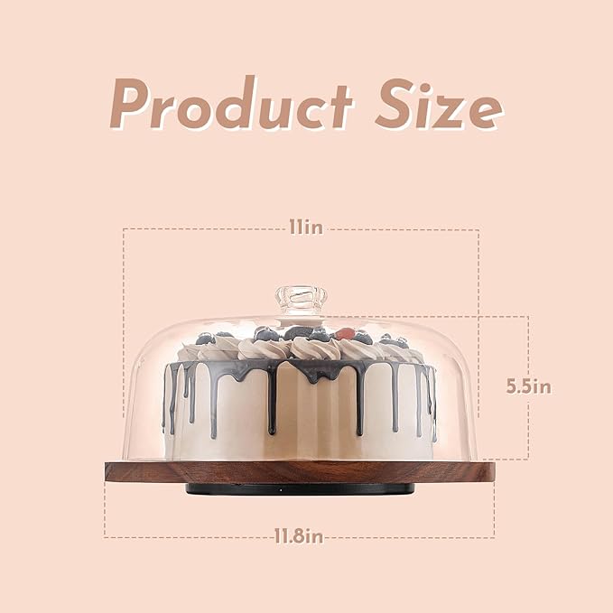 Acacia Wood Cake Stand with Acrylic Dome Lid, Cake Holder 360° Rotating, Dessert Display Stand with Dome Cover, Charcuterie Boards for Cheese, Chips, Fruit, Cake Board, Cake Plate for Party, Wedding
