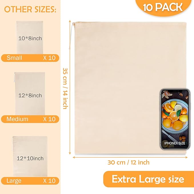 10 Pack Nut Milk Bag, 12‘’ x 14‘’ Fine Mesh Grade Reusable Cheesecloth Bags Strainers, Unbleached Organic Cotton Filter Bags for Almond Milk, Juices, ColdBrew, Cheese, Tea, Yogurt, Coffee