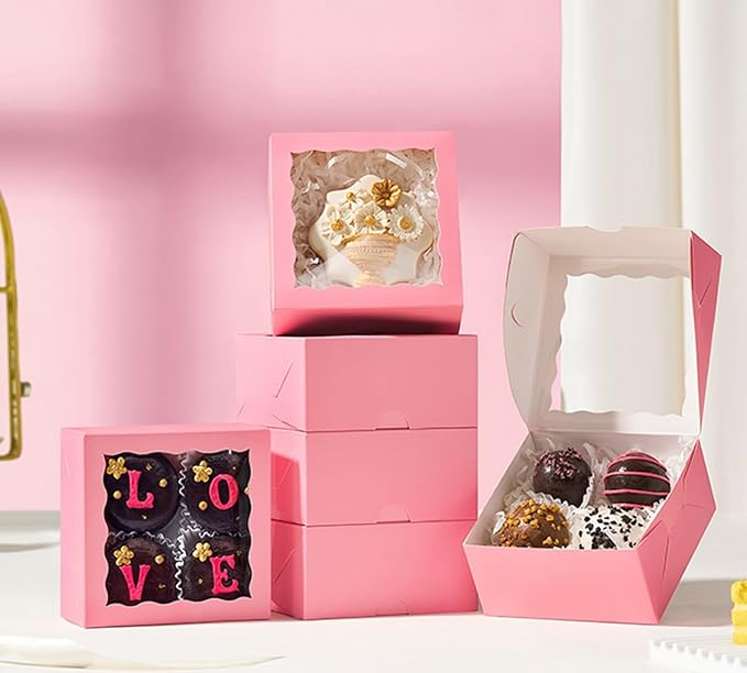 90 Pack 4x4x2 Inches Pink Bakery Boxes (Clear Window) – Ideal for Packaging Macaron, Ores, Chocolate Truffle, Strawberry, Cookie, Donut, Pie – Party, Wedding, Holiday Favors