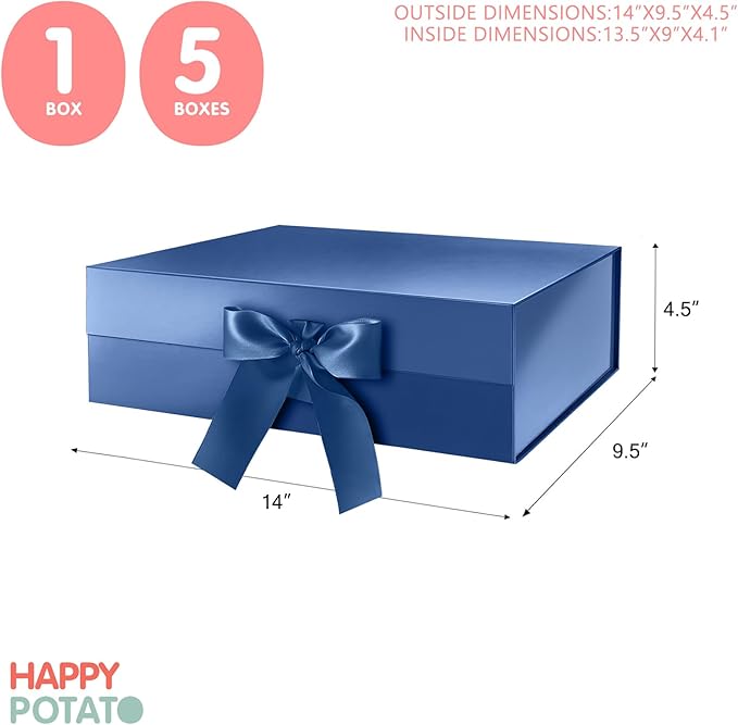 HAPPY POTATO 5 Large Gift Boxes with Ribbon 13.5x9x4.1 Inches, Blue Gift Boxes with Lids, Groomsmen Proposal Boxes, Magnetic Boxes for presents (Glossy Blue, Pack of 5)