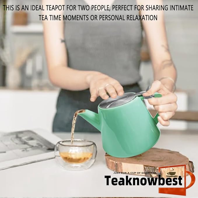 Ceramic teapot, 19oz Tea pot for loose leaf tea, Tea infuser pot with Removable 18/8 Stainless Steel Infuser and teaspoon, Suitable for 1-2 people to brew tea or coffee (azure)