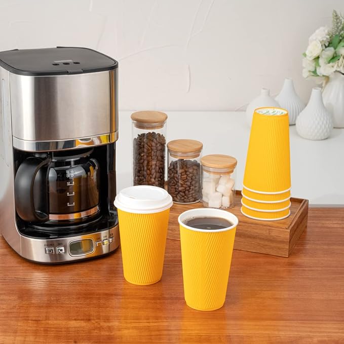 Restaurantware 16 Ounce Ripple Wall Disposable Coffee Cups, 500 Insulated Yellow Paper Tumblers with Rolled Rim Design, Lids Sold Separately for Hot Drinks like Tea, Hot Chocolate and More