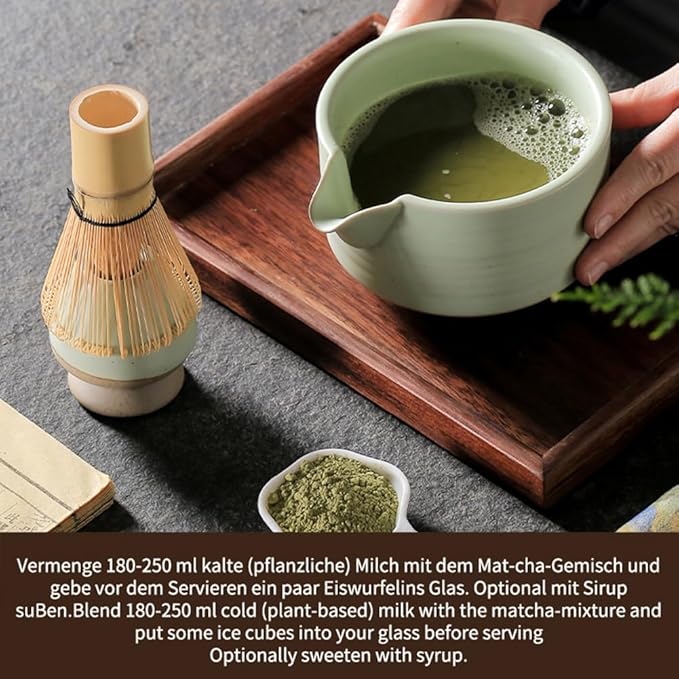 Matcha Traditional Porcelain Tea Bowl with Pour Spout - Hand Made Porcelain with Light Green Matte Glaze - Perfectly Whisked Matcha Green Tea, 430ml/ 14.5oz