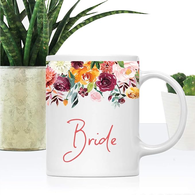Andaz Press 11oz. Wedding Ceramic Coffee Tea Mug Gift, Fall Autumn Burgundy Orange Peach Flowers Roses Florals, Bride, 1-Pack, Includes Gift Box