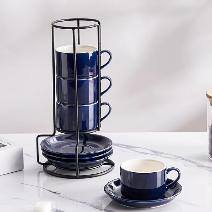 2.5oz Porcelain Stackable Espresso Cups with Saucers and Metal Stand Set of 4, Stackable Cappuccino Cups, Blue Expresso Shots Cup Set for Coffee Drinks, Latte, Tea