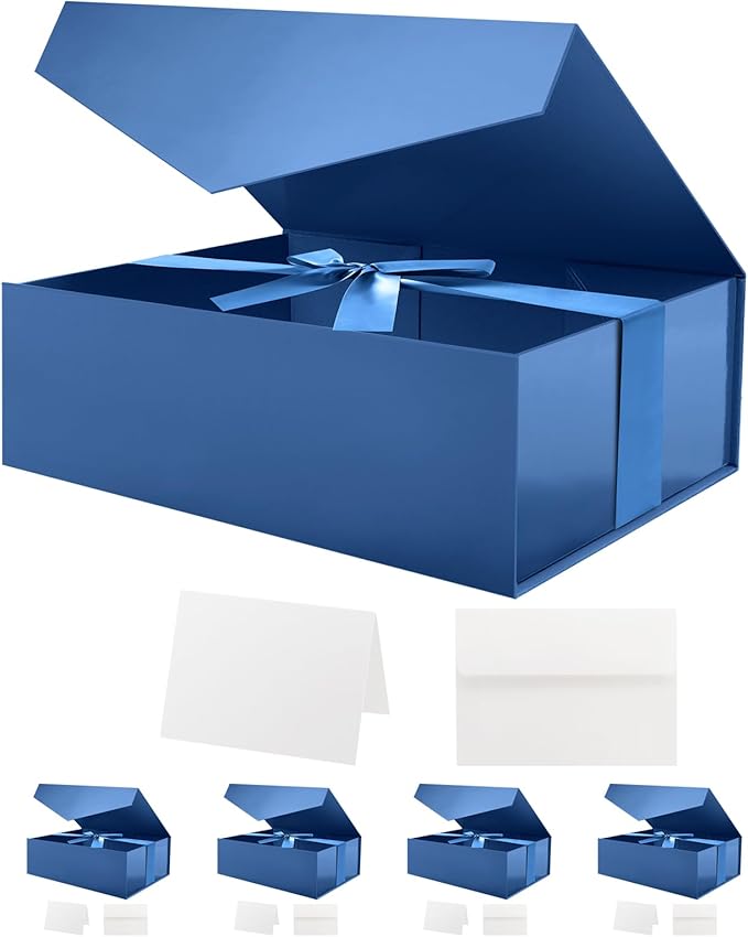 HAPPY POTATO 5 Large Gift Boxes withLid and Ribbon 11.5x8.1x3.8 Inches, Groomsmen Proposal Boxes, Magnetic Blue Gift Boxes for Presents (Glossy Blue, Pack of 5)