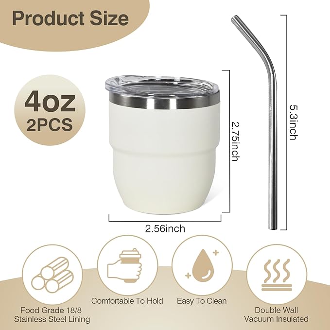 4oz Stackable Cup, Vacuum Insulated Espresso Cup Set of 2, Espresso Shot Glass for Coffee, Double Wall Stainless Steel Mini Tumbler Shot Glasses with Straw and Lid (A-white2P, 4oz)