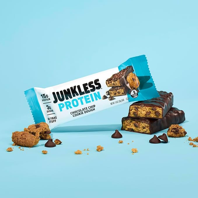 JUNKLESS Protein Bars - Chocolate Chip Cookie Dough - 15g Protein, No Added Sugar, Gluten Free, High Fiber, Delicious Taste and Texture, Satisfying, Healthy Snack for Energy - 12 Bars