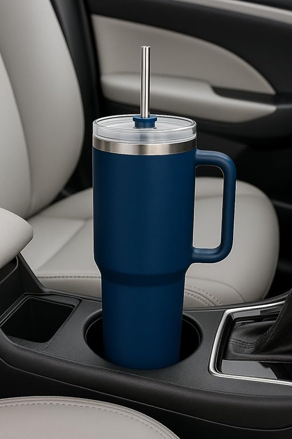 40oz Stainless Steel Tumbler with Handle & Metal Straw – Insulated Double Wall Travel Mug with Lid, Large Coffee Cup for Hot & Cold Drinks, Fits Car Cup Holders