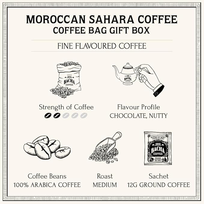 Bacha Coffee | Moroccan Sahara Fine Flavoured, Medium Roast, 100% Arabica Specialty Coffee, 12 Coffee Drip Bags, Gift Box