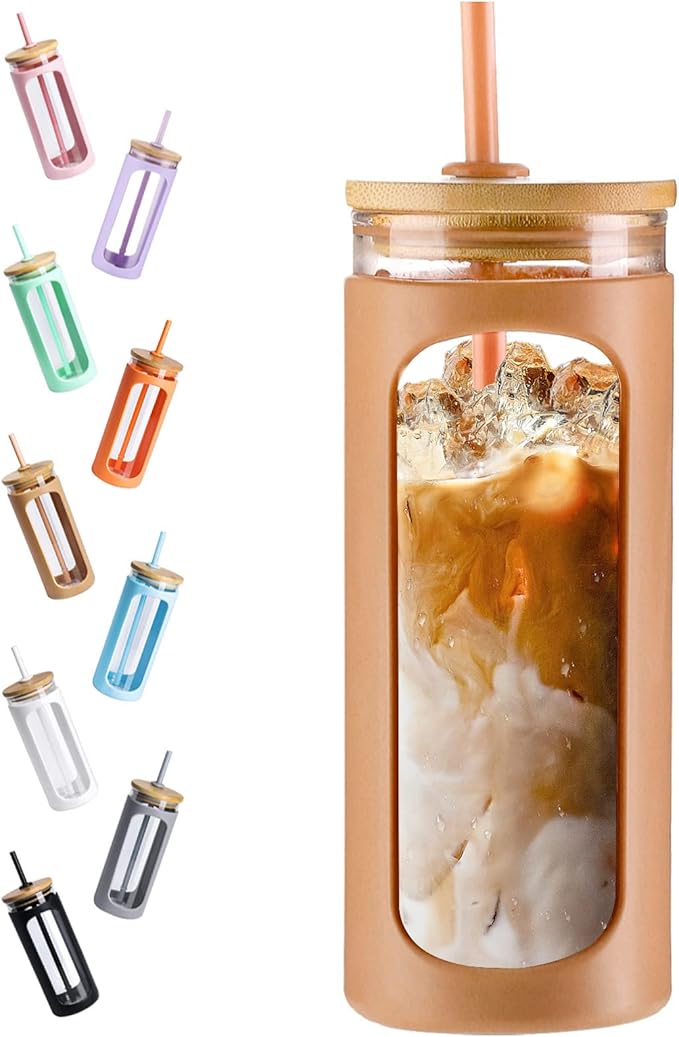 Kodrine 20oz Glass Tumbler with Straw and Lid, Iced Coffee Cups with Bamboo Lids, Glass Cups for Cold Drinks, Smoothie Cup with Silicone Sleeve for Travel, Work, BPA FREE-Mocha Mousse