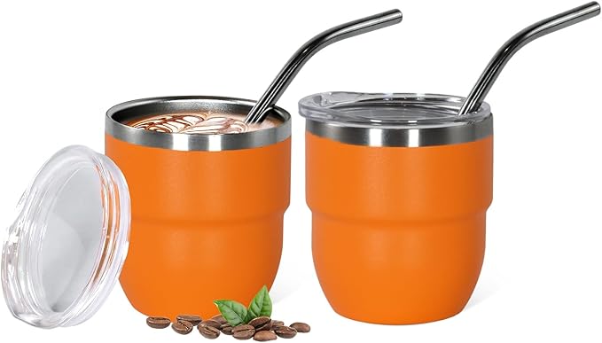 4oz Stackable Cup, Vacuum Insulated Espresso Cup Set of 2, Espresso Shot Glass for Coffee, Double Wall Stainless Steel Mini Tumbler Shot Glasses with Straw and Lid (A-orange2P, 4oz)