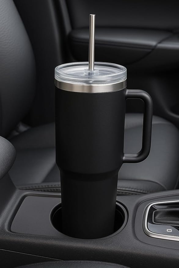 40oz Stainless Steel Tumbler with Handle & Metal Straw – Insulated Double Wall Travel Mug with Lid, Large Coffee Cup for Hot & Cold Drinks, Fits Car Cup Holders