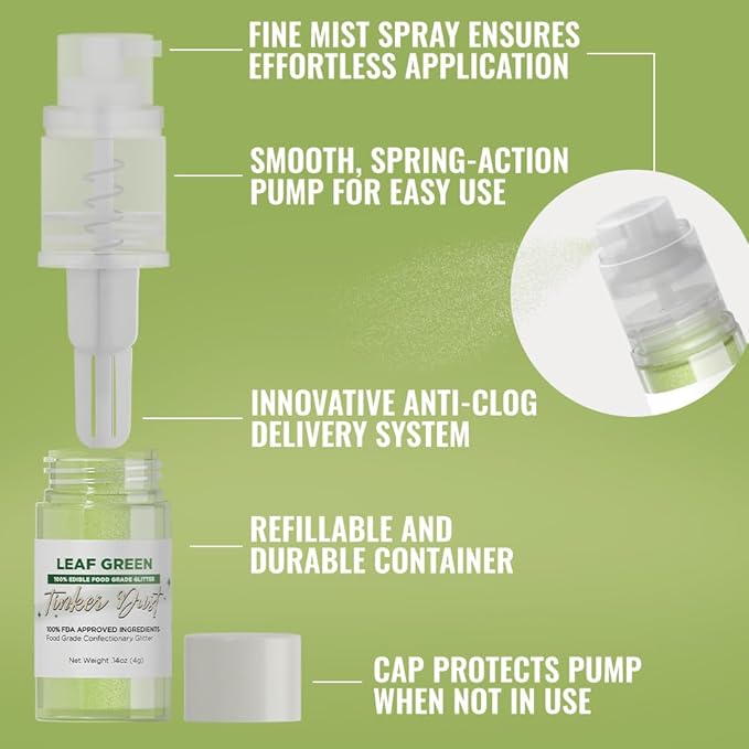 Bakell - Leaf Green Tinker Dust (4g, 1x Mini Spray Pump) Edible Glitter for Food, Desserts, and Beverages!