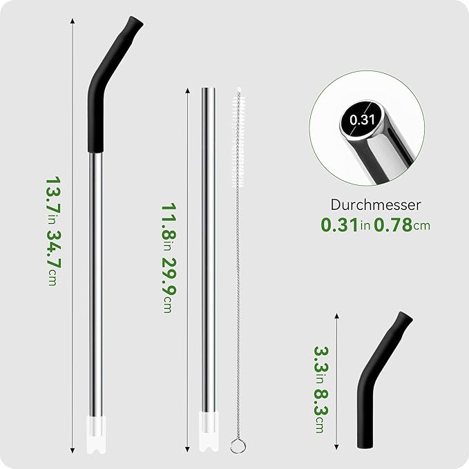 Snowfall Metal Replacement Straw with Silicone Tip for Stanley 30 OZ, 2 Pcs Reusable Long Stainless Steel Drinking Straws, 1 Straw Brush, BPA Free (Black)