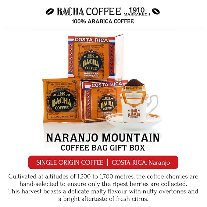 Bacha Coffee | Naranjo Mountain Costa Rica Single Origin, Medium Dark Roast, 100% Arabica Specialty Coffee, 12 Coffee Drip Bags, Gift Box