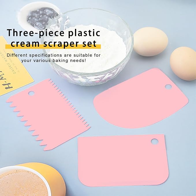 Offset Spatula Set with Pink Cake Scrapers, 3 Pack Angled Frosting Spatulas (6, 8, 10 inch) & 3 Cake Smoother Scrapers, Stainless Steel Icing Spatula for Cake Decorating, Baking & Pastry