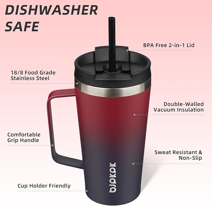 BJPKPK Insulated Tumbler with Handle, 18oz Insulated Tumblers with Lid and Straw, Stainless Steel Metal Water Bottles, Coffee Travel Mugs, Cups, Charming Red