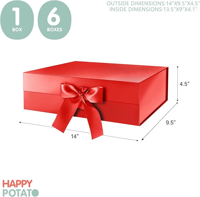 HAPPY POTATO Large Christmas Gift Box with Lid and Ribbon 13.5x9x4.1 Inches, Bridesmaid Proposal Box, Red Gift Box for presents (Glossy Red)