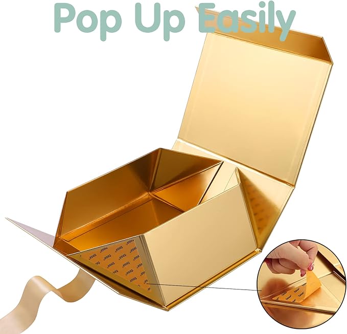 HAPPY POTATO Christmas Gift Box with Ribbon 9x6.5x3.8 Inches, Bridesmaid Proposal Boxes with Lid, Magnetic Gold Gift Box for Presents (Glossy Gold)