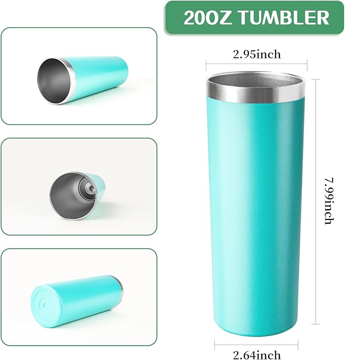 20 oz Skinny Tumbler with Lid and Straw,Stainless Steel Vacuum Insulated Tumbler Cup Double Wall Leak-proof Coffee Mug,Travel Thermal Water Tumbler for Home,Office,Outdoor(Teal,8)