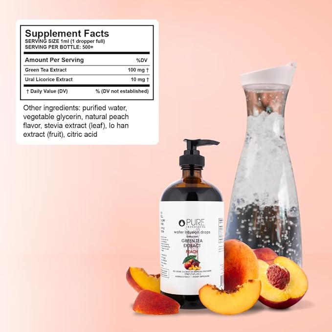 Pure Inventions - Green Tea Peach Water Infusion Drops - Antioxidants & Electrolytes - Health & Wellness Drink - Immunity Support - Sugar Free, Zero Calorie, No Artificial Sweeteners - 500 Servings