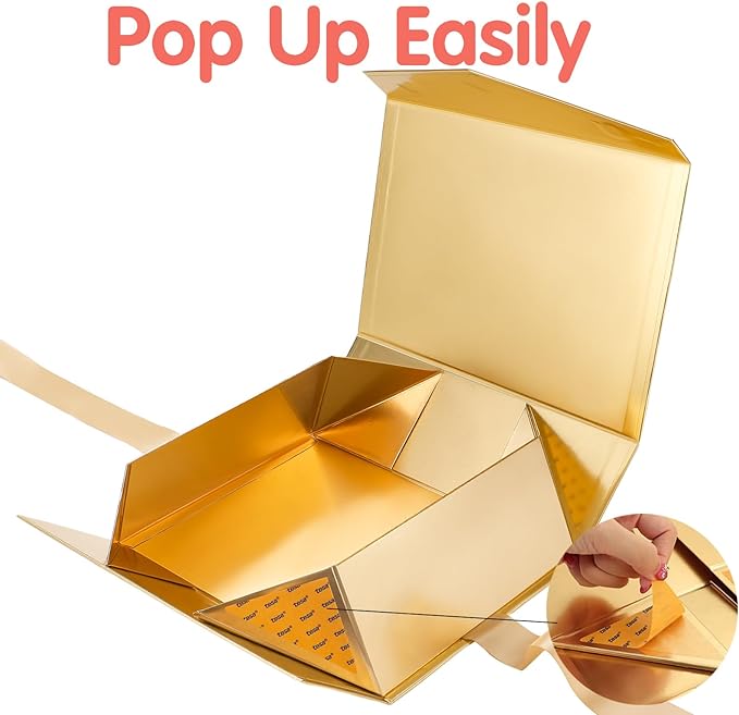 HAPPY POTATO 5 Large Gift Boxes with LIds and Ribbon 11.5x8.1x3.8 Inches, Bridesmaid Proposal Boxes, Gold Gift Boxes for Presents (Glossy Gold, Pack of 5)