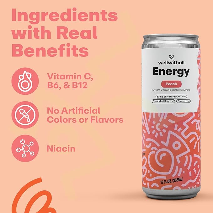 WellWithAll Energy Drink Variety Pack – Fruit Punch, Tropical Mango, and Peach Flavors – Caffeine from Tea – With Vitamin C – Lightly Sparkling Beverage – Fruit & Veggie Juice Blend – 12 Oz (Pack of 12 – 4 Cans of Each Flavor )
