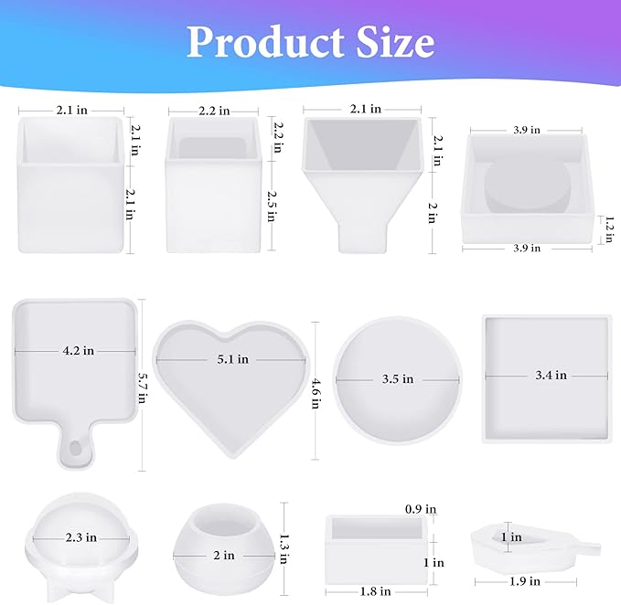 KISREL Resin Molds Kit 12PCS, Epoxy Resin Silicone Molds, Resin Mold Including Cube, Pen Container, Pyramid, Tray, Love, Round, Square, Ball, Flowerpot, Cuboid, Crystal
