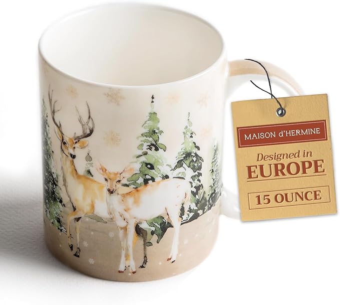 Maison d' Hermine Coffee Mug with Handles Fine Bone China Mugs Pack of One Tea Cups for Hot Beverages Cappuccino Latte Home Office Perfect for Gift (Deer In The Woods - Forest Deer, 15 Ounce)