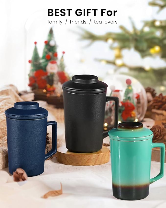 15 OZ Porcelain Tea Infuser Cup with Lid,Ceramic Tea Mug with All-Porcelain Strainers for Loose Leaf Teas,Microwave and Dishwasher Safe Coffee Mug,Metal-Free,BPA-Free,Gifts for Tea-Lover (Green)