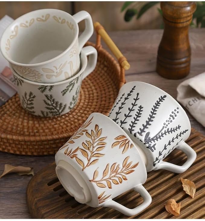 Ceramic Mug Set of 1 With Gold Spoon, 11oz - Vintage Coffee Mug, Pottery Cups for Milk, Latte, Cappuccino, Tea - Porcelain Dishwasher, Microwave Safe Stoneware 1 PCS Brown Leaf Cup