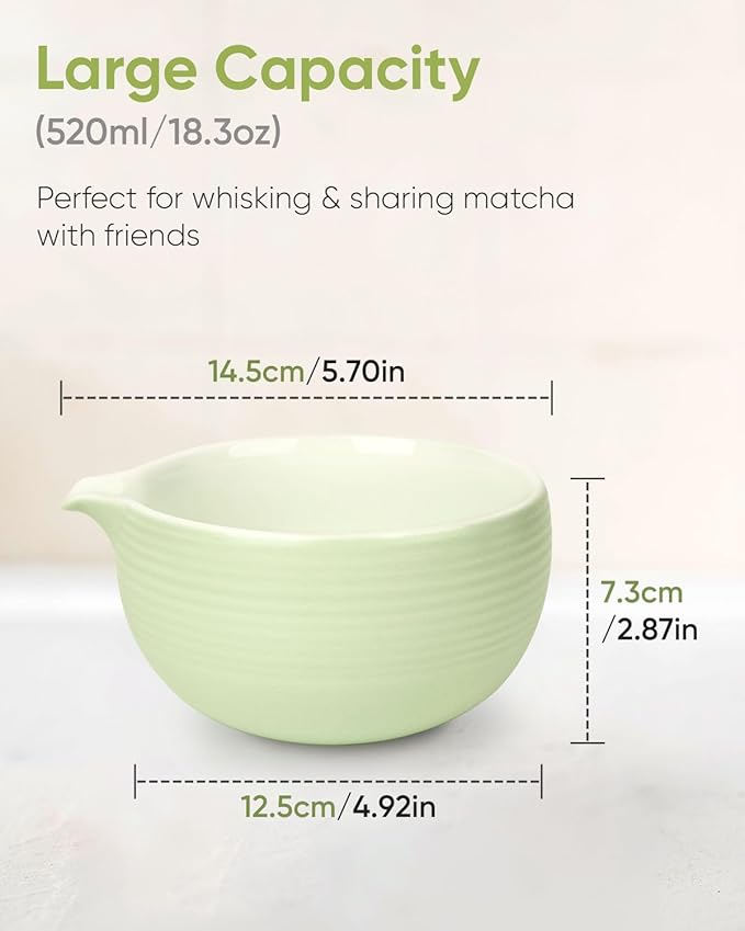 Traditional Matcha Bowl with Spout, Ceramic Matcha Tea Bowl (Chawan), Matcha Mixing Bowl for Whisking Matcha, Light Green (18 Ounce)