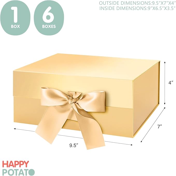 HAPPY POTATO Christmas Gift Box with Ribbon 9x6.5x3.8 Inches, Bridesmaid Proposal Boxes with Lid, Magnetic Gold Gift Box for Presents (Glossy Gold)