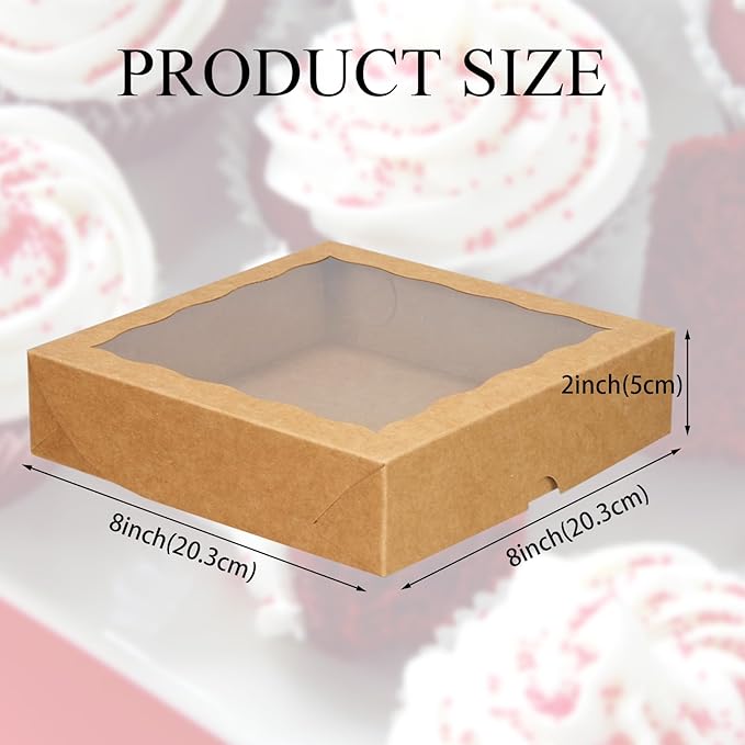 50pcs 8x8x2 Inches Brown Bakery Boxes with Window - Perfect for Cookies, Chocolate Covered Strawberries, Cakesicles & More