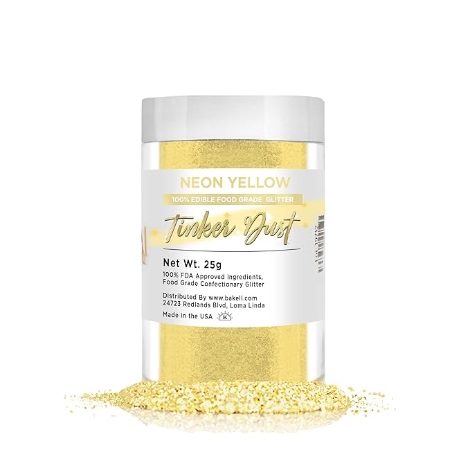 BAKELL Neon Yellow Edible Glitter, 25 Grams | TINKER DUST Edible Glitter | KOSHER Certified | 100% Edible Glitter | Cakes, Cupcakes, Cake Pops, Drinks, Dessert Vegan Glitter & Dusts (25g, Neon Yellow)