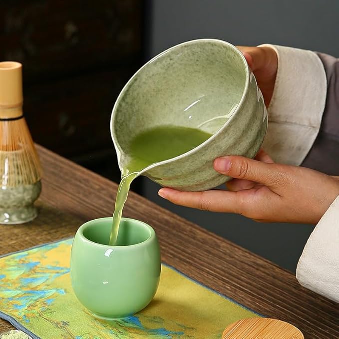 6-Piece Matcha Whisk Set, Japanese Bamboo Chasen, Scoop & Sifter, Traditional Ceremonial Kit with Ceramic Bowl, Whisk Holder Stand, Chakin Cloth (Misty purple)