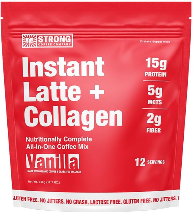 STRONG COFFEE COMPANY Instant Vanilla Latte – 15g Protein Coffee with Collagen, MCT Powder, L-Theanine & Adaptogens, Nootropic Energy, No Crash, No Jitters (12 Servings)