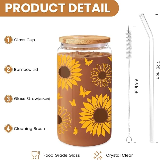 Sunflower Gifts for Women - Sunflower Cup 16 Oz Can Glass Coffee Cups with Bamboo Lid and Straw - Gift for Birthday