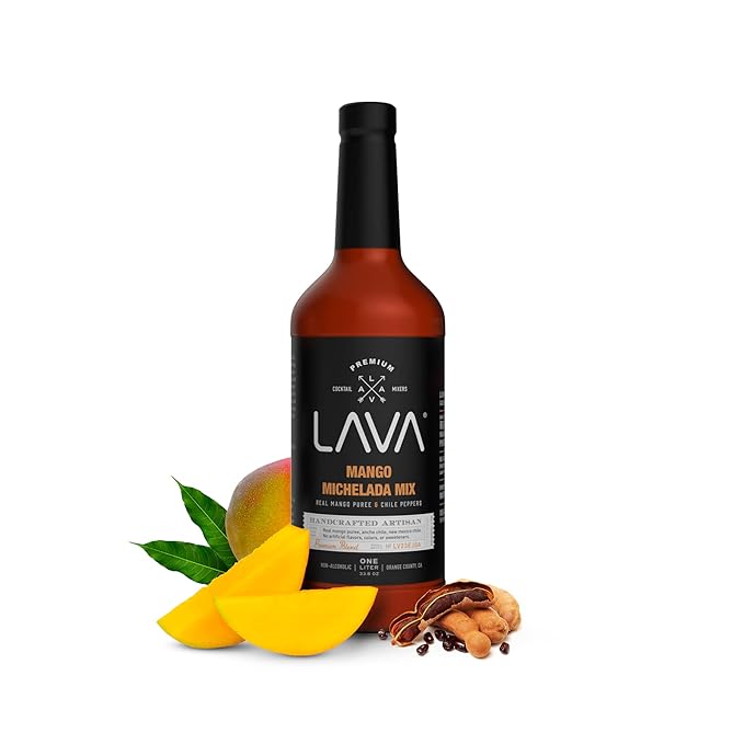 LAVA Premium Mango Michelada Mix Made With Real Mango Puree, Ancho Chile Peppers, New Mexico Chile, Tamarind, Vegan, 1-Liter (33.8oz) Glass Bottle, Ready to Use