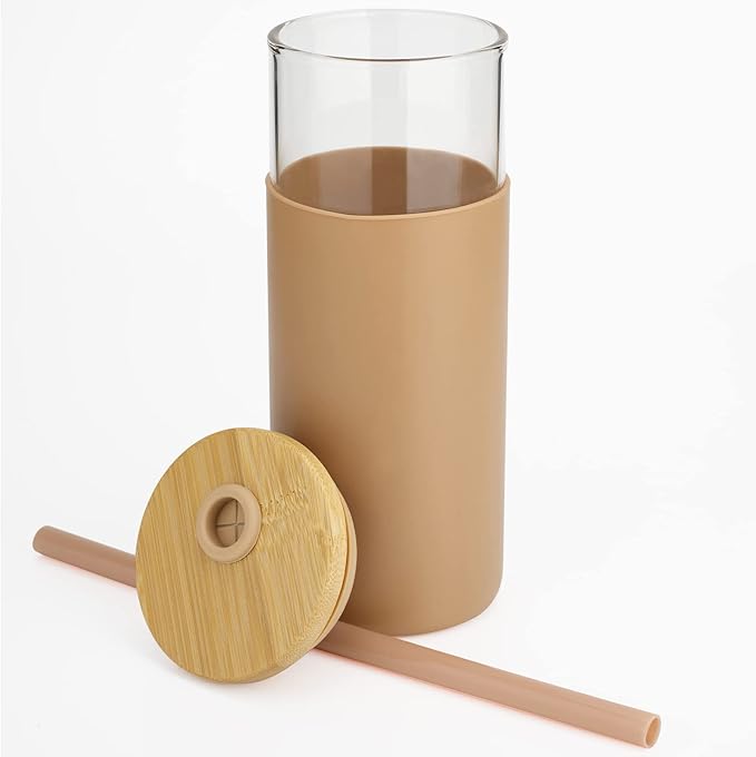 Tronco 20 oz Glass Tumbler Glass Water Bottle Straw Silicone Protective Sleeve Bamboo Lid - BPA Free -White Amber/ 4 Pack